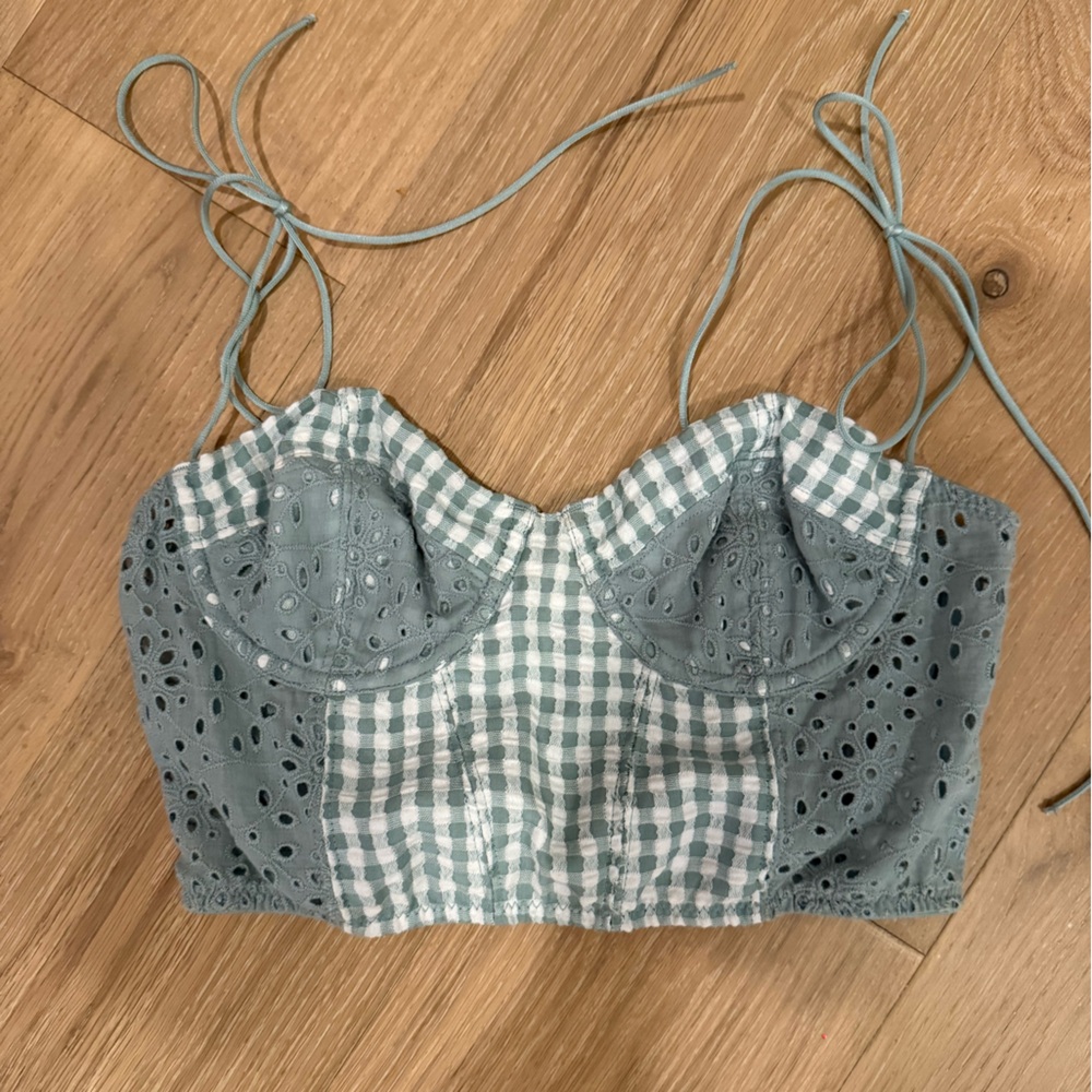 Green Gingham Eyelet Corset Top